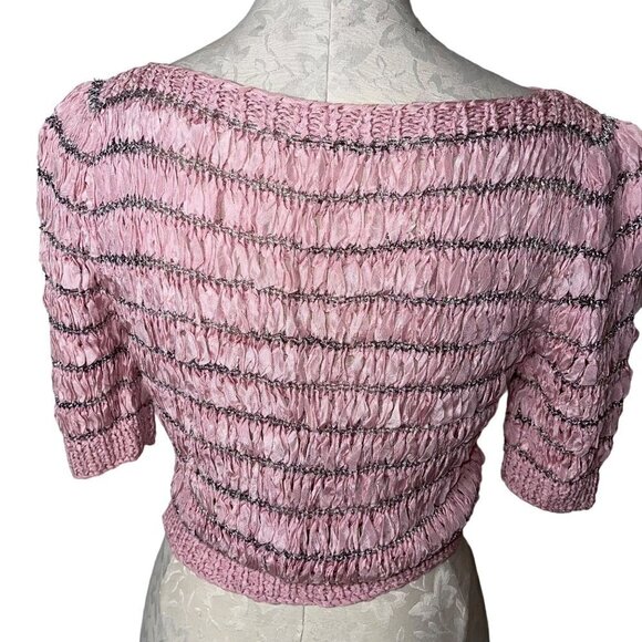 Vintage Womens Top Size Small Pink Woven Ribbon Knit Boat Neck Stretch - Picture 3 of 9